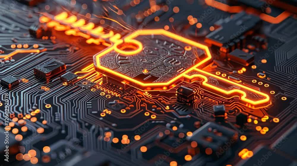 Poster this visual highlights a luminous digital key resting on a black circuit board, showcasing orange ci