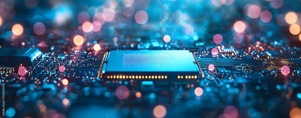 Poster a sophisticated advanced digital network circuit board, representing future technology. abstract blu