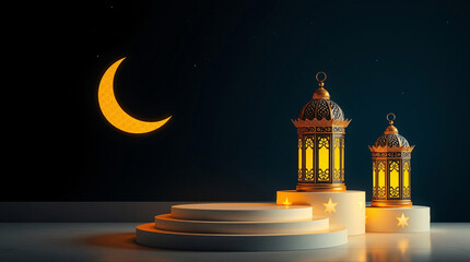 Celebrating Eid: Traditional Lanterns and Crescent Moon Lighting Up the Night