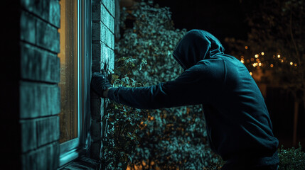 A masked burglar sneaking into a house