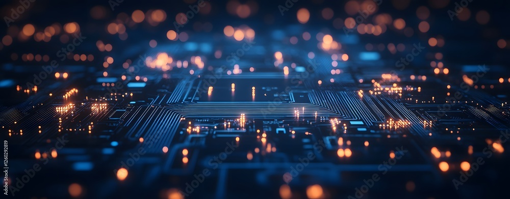 Poster a sophisticated advanced digital network circuit board, representing future technology. abstract blu