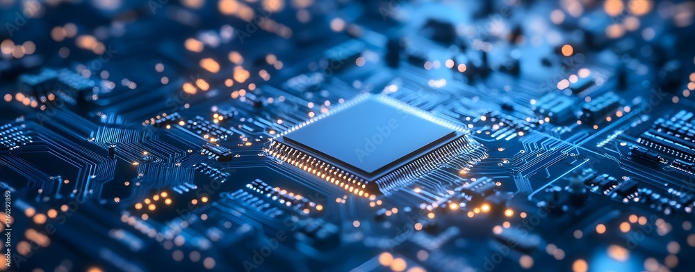 Poster a sophisticated advanced digital network circuit board, representing future technology. abstract blu