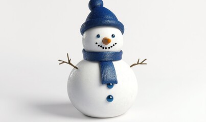 Smiling snowman with blue hat and scarf on white background, perfect for winter holiday projects