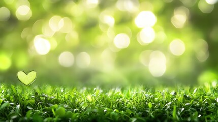 Obraz premium Green heart in lush grass, sunny bokeh background. Ideal for eco-friendly projects
