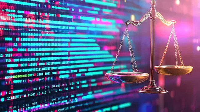 Digital law concept. Law scales at data center. Abstract blue pink footage