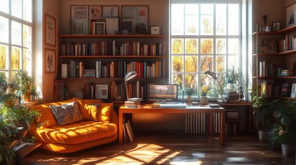 Sunlit home office, cozy armchair, books, autumn view.