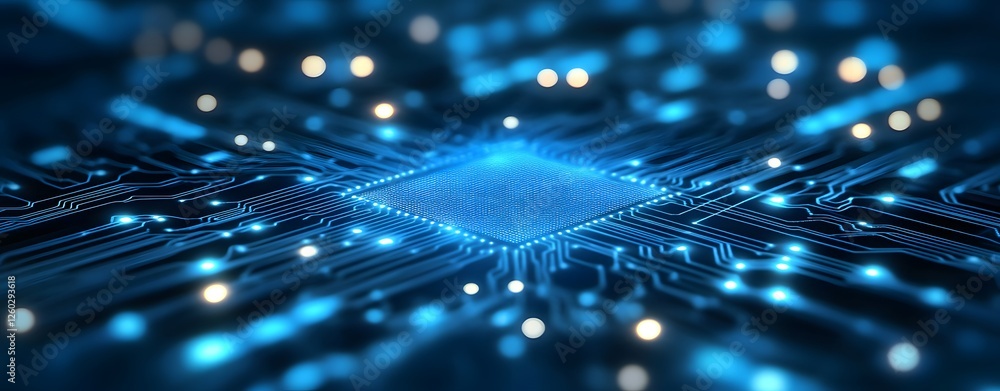 Poster a sophisticated advanced digital network circuit board, representing future technology. abstract blu