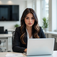 Naklejka premium A Hispanic professional sitting at a desk, looking at a laptop screen with a serious and focused expression. The modern office setting includes a clean workspace and soft lighting.
