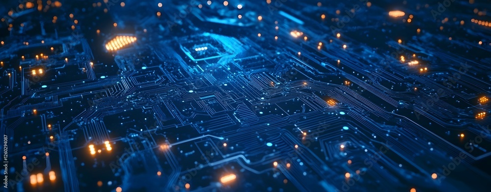 Poster a sophisticated advanced digital network circuit board, representing future technology. abstract blu