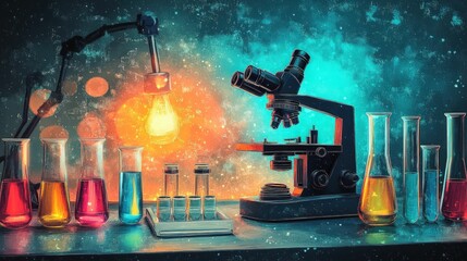 Vibrant lab scene with microscope, glowing bulb, colorful liquids