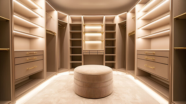 Custom walk-in closet with illuminated shelving, hanging rods, drawers, and ottoman, offering a luxurious storage solution.