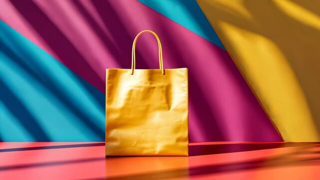 A yellow shopping bag stands out against a colorful geometric background of pink and blue, illuminated by sunlight creating striking shadows.