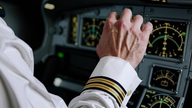 Close-up video shot from a side angle showing a pilot's hand operating aircraft controls, emphasizing precision and technology in aviation.