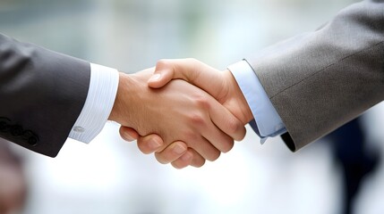 Handshake of business people in an office, a closeup photo with copy space for text