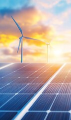 Solar panels and wind turbines at sunset, promoting renewable energy
