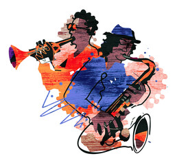 Two jazzmen, Jazz theme, trumpet player and saxophonist.
 Expressive colorful Illustration of two jazz musicians. Isolated on white background.