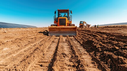 A large bulldozer moves dirt across a construction site under a clear blue sky, creating distinct tire tracks in the sandy soil.