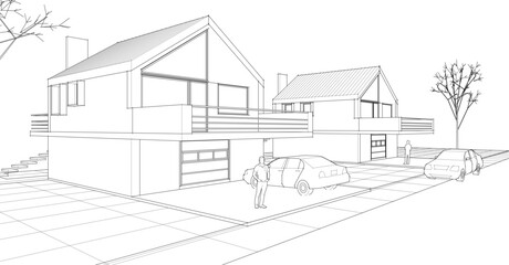  traditional residential architecture house sketch 3d illustration