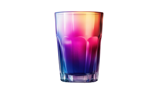 A colorful glass tumbler with a gradient design, isolated on a transparent background, shining with vibrant colors