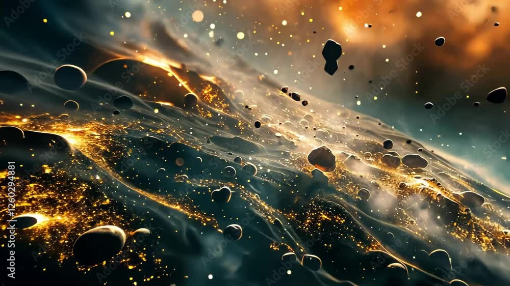 Aufkleber a mesmerizing display of cosmic dust and shimmering particles interacts with floating asteroids in a