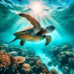 Fototapeta premium Sea Turtle Gliding Through Vibrant Coral Reef Under Sunlit Ocean Waters