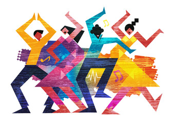 Two dancing couples, wild crazy dance party,cartoon.
Expressive grunge stylized Illustration of disco dancers. Isolated on white background. 