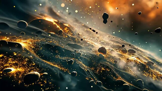 A mesmerizing display of cosmic dust and shimmering particles interacts with floating asteroids in a dynamic explosion of colors and light, showcasing the vastness of the universe.