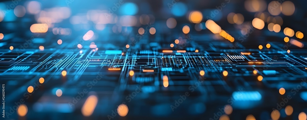 Poster a sophisticated advanced digital network circuit board, representing future technology. abstract blu