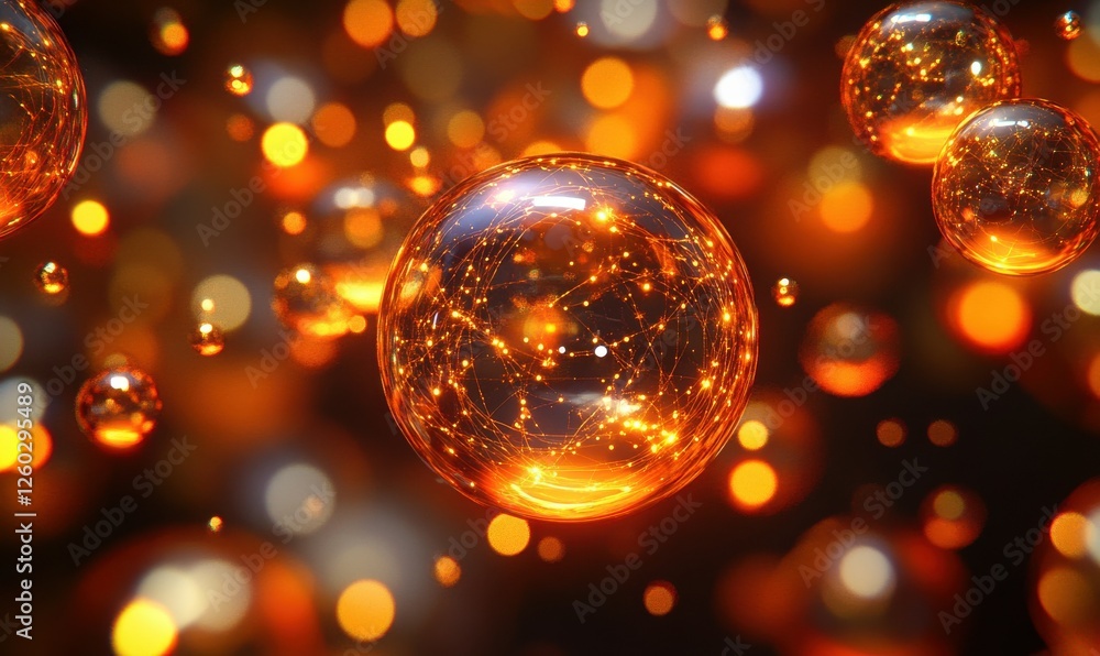 Poster interconnected glowing spheres in orange and gold tones, floating dynamically in a high-tech abstrac