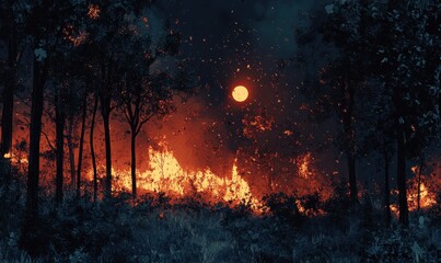 Intense wildfire engulfing a forest at nigh image