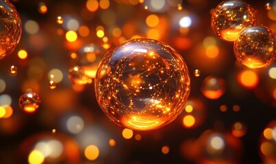 Interconnected glowing spheres in orange and gold tones, floating dynamically in a high-tech abstract network.