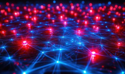 Fototapeta premium Intricate glowing power grid design with radiant red and blue nodes, representing the flow of energy in modern systems.