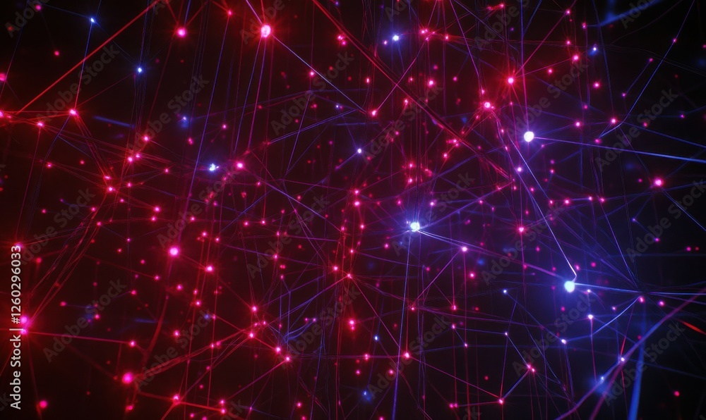 Poster intricate web of glowing wires in neon hues of red and blue, symbolizing connectivity and high-tech 