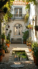 Fototapeta premium Serene courtyard garden with reflecting pool, plants, and bench.