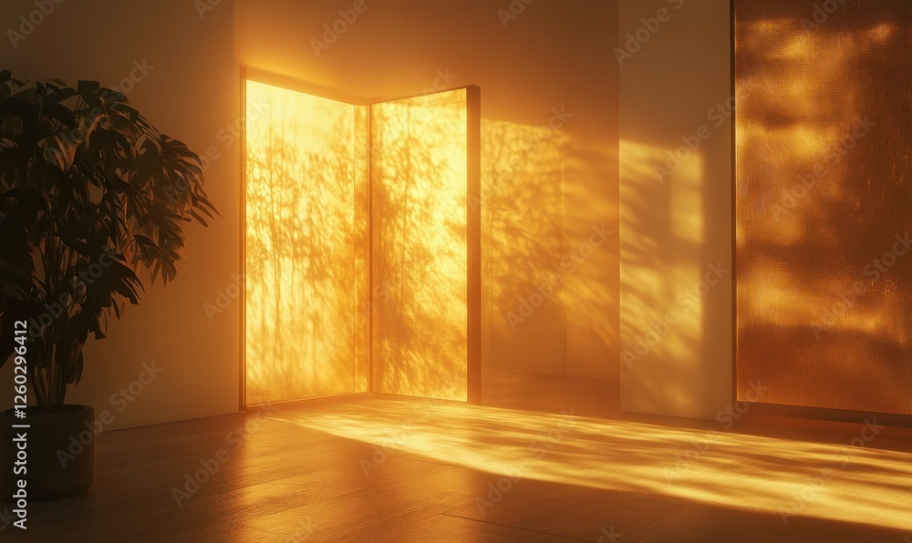 Aufkleber luminous golden mist filters through open windows into a quiet, minimalist home, casting intricate l