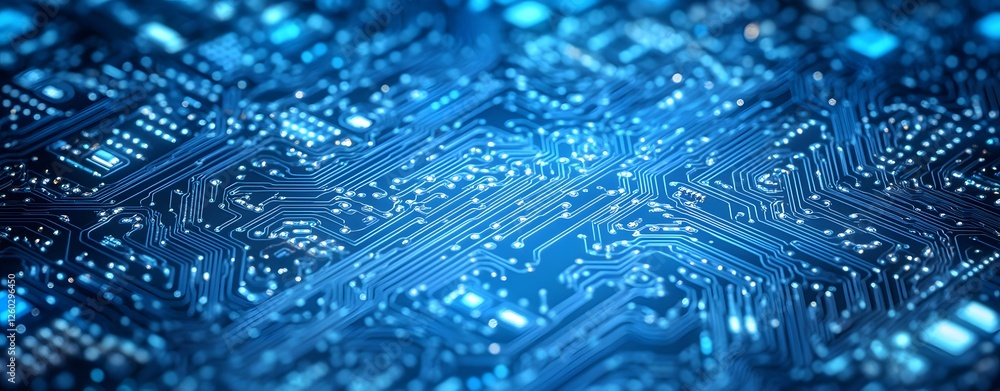 Poster a sophisticated advanced digital network circuit board, representing future technology. abstract blu