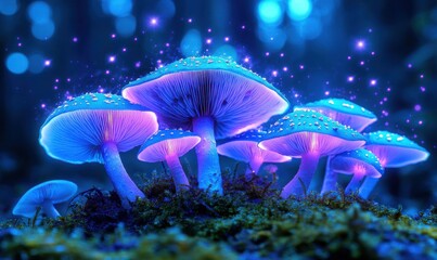 Luminous mushrooms glowing in vivid blue and purple hues, sprouting from moss-covered ground in a mystical forest, surrounded by tiny firefly-like particles.