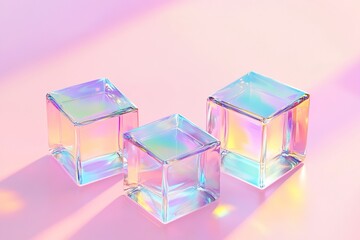 Iridescent Glass Cubes Reflect Light Beautifully on Pink Background, Creating an Artistic Display of Color and Shape.