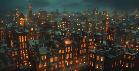 Fototapeta premium A winter cityscape at night, with snow-covered rooftops and glowing warm windows creating a cozy and festive holiday atmosphere. 