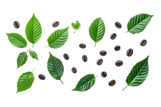 Coffee Bean & Leaves Pattern: A visually appealing, organic pattern featuring scattered coffee beans and vibrant green coffee leaves arranged in a balanced and aesthetically pleasing composition.