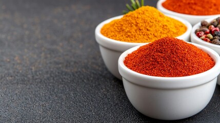  three white bowls filled with different types of spices on a black surface The spices appear to be a variety of colors, including red, yellow, and green The bowls