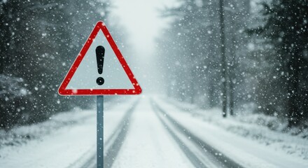 A triangular red and white warning sign with an exclamation mark stands on the side of a snowy road