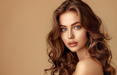 Fototapeta premium Fashion portrait of fashion model with long dark hair. Trendy hairstyle and makeup, fashion look