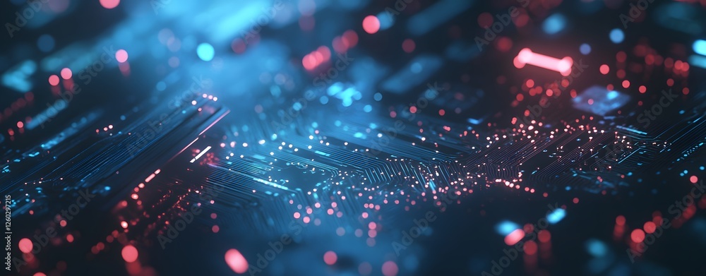 Poster a sophisticated advanced digital network circuit board, representing future technology. abstract blu
