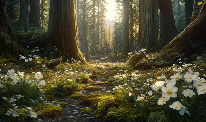 Obraz premium Sunlit forest path with wildflowers, mossy trees, ideal for nature backgrounds