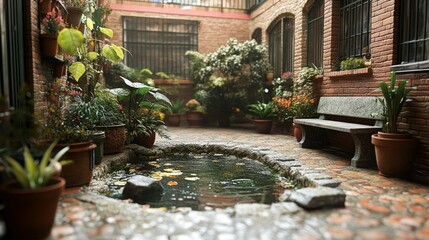 Serene courtyard garden with pond, stone bench, and lush plants.