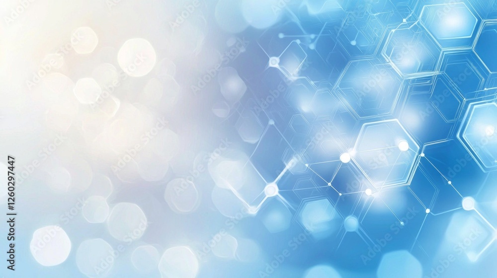 Poster A captivating array of hexagonal shapes in a soothing blue palette creates a sophisticated visual experience. Luminous dots enhance the modern theme with a sense of depth and innovation