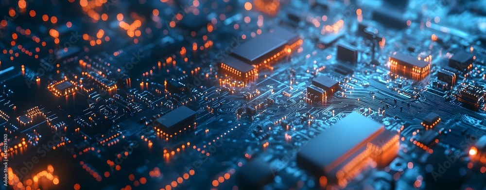 Poster a sophisticated advanced digital network circuit board, representing future technology. abstract blu