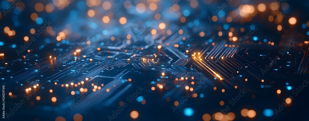 Poster a sophisticated advanced digital network circuit board, representing future technology. abstract blu