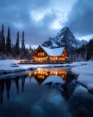 Fototapeta premium A cozy winter cabin glowing warmly amidst a snowy pine forest at twilight,